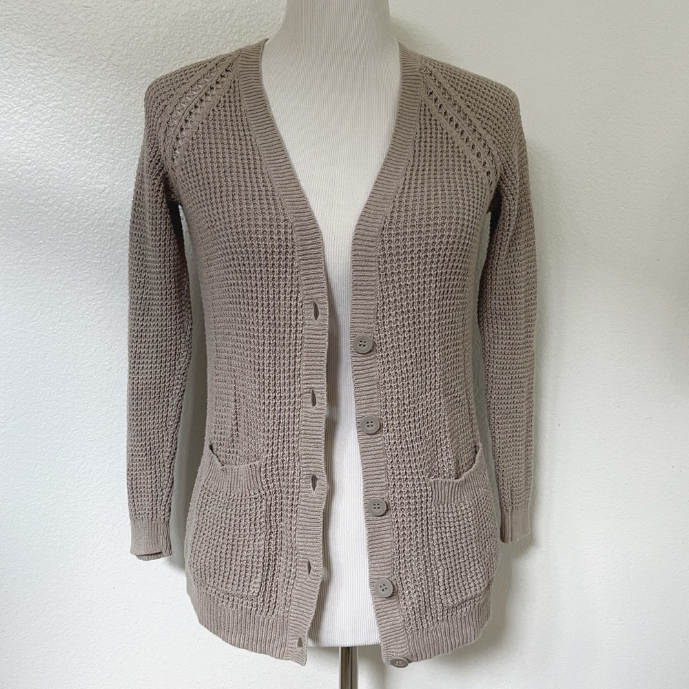 Cotton V-Neck Textured Knit Button Cardigan | BP - Light Taupe, XS | VGUC